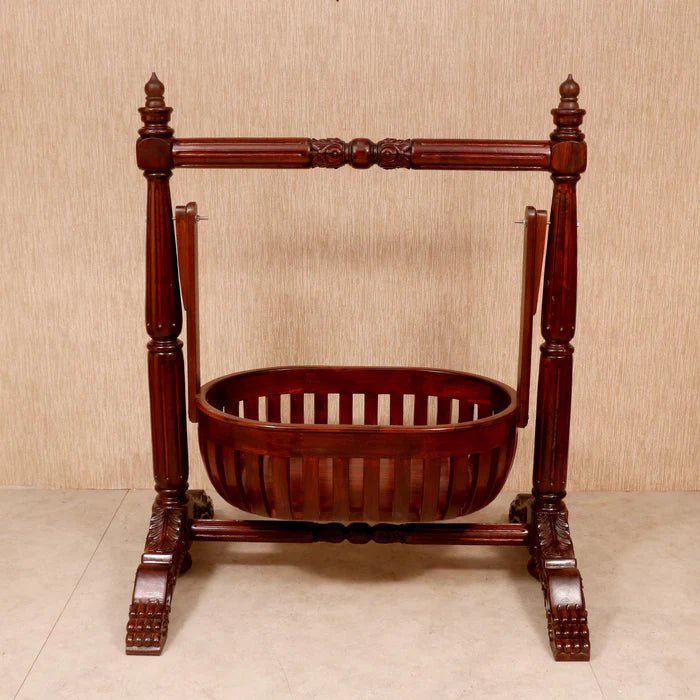 Handcrafted teak wood baby crib with spacious cradle
