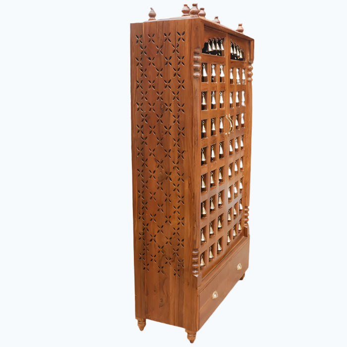 Handmade teak wood home temple with brass detailing