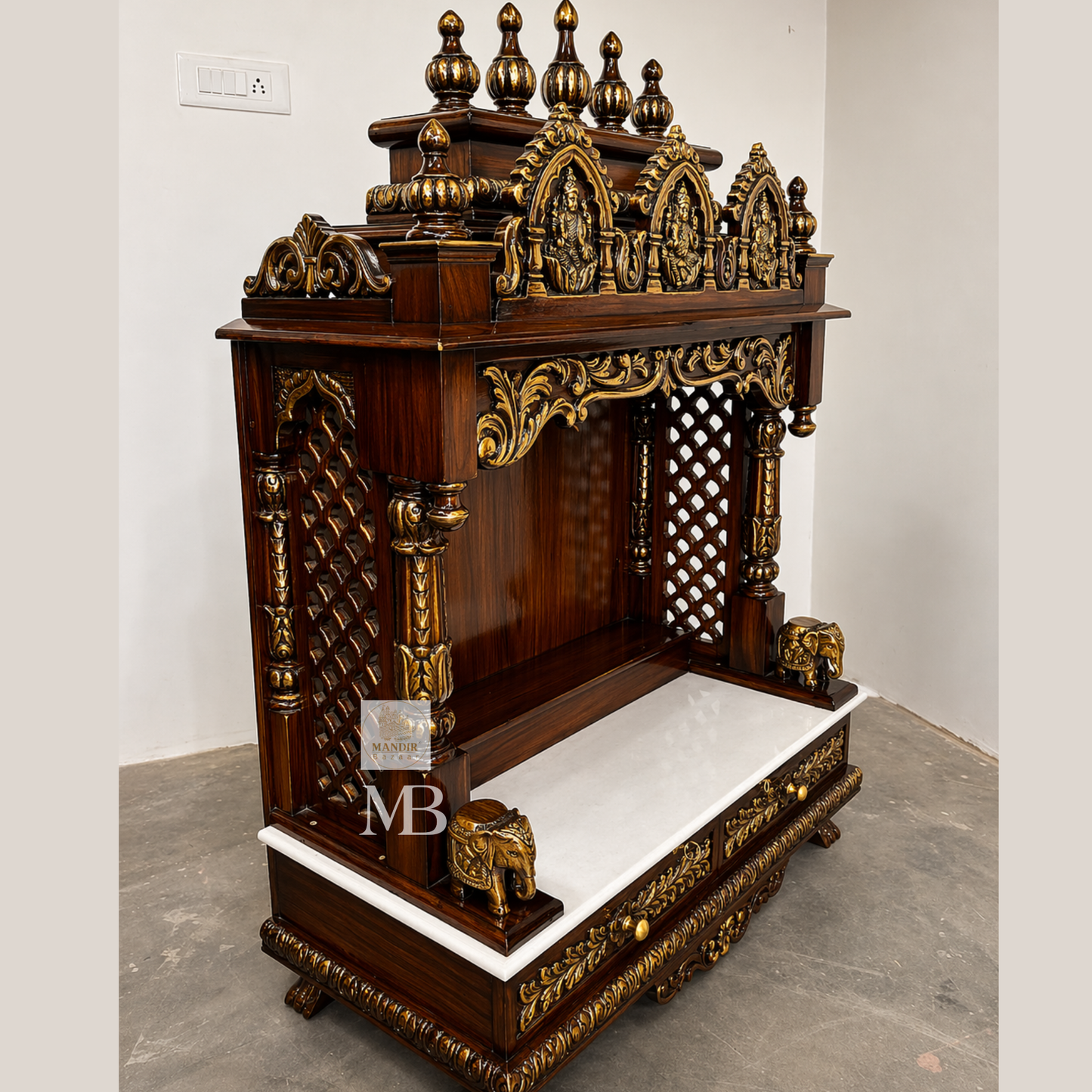 teak wood pooja mandir with hand carved details and storage drawers