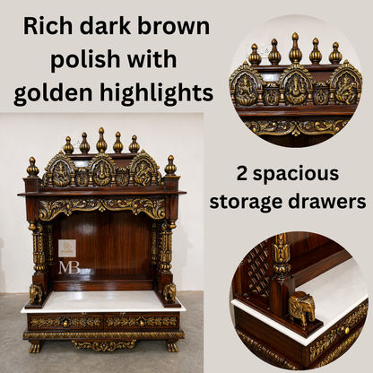 teak wood pooja mandir with hand carved details and storage drawers