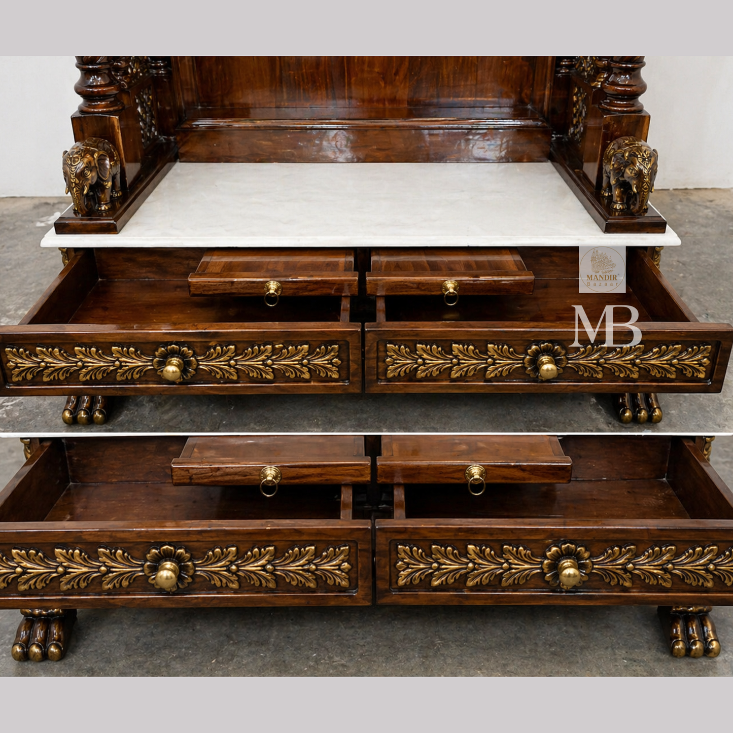 teak wood pooja mandir with hand carved details and storage drawers