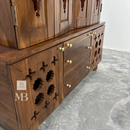 Handcrafted teak wood pooja mandir with storage cabinet, drawers, shelves and traditional brass bells