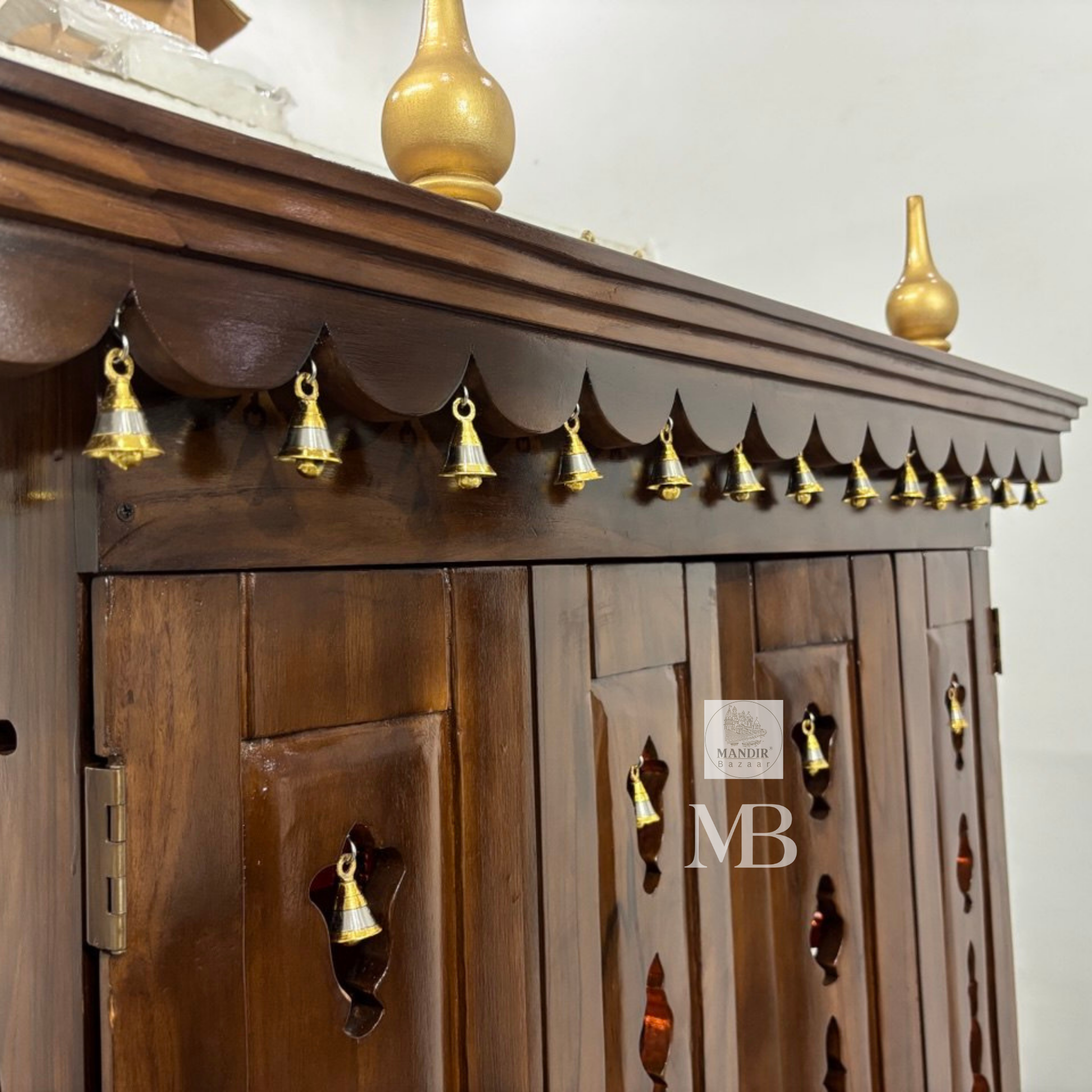 Handcrafted teak wood pooja mandir with storage cabinet, drawers, shelves and traditional brass bells
