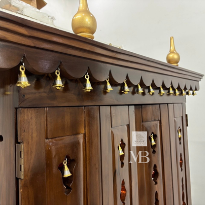 Handcrafted teak wood pooja mandir with storage cabinet, drawers, shelves and traditional brass bells