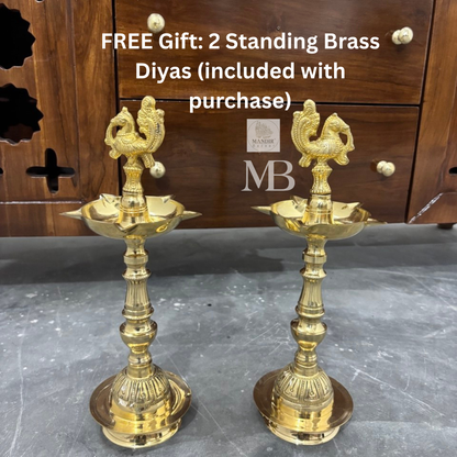 Handcrafted teak wood pooja mandir with storage cabinet, drawers, shelves and traditional brass bells