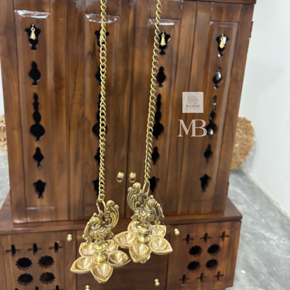 Handcrafted teak wood pooja mandir with storage cabinet, drawers, shelves and traditional brass bells