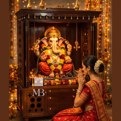 Handcrafted teak wood pooja mandir with storage cabinet, drawers, shelves and traditional brass bells