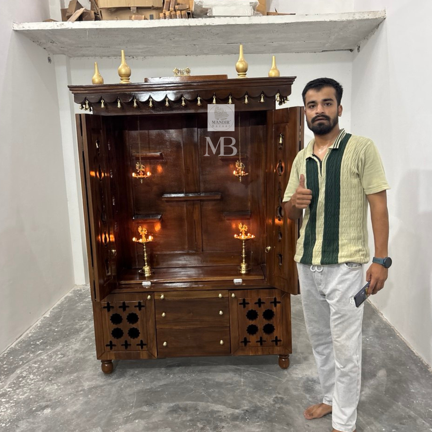 Wooden Home Temple Cabinet with Doors, Drawers & Bells | Traditional Hindu Temple