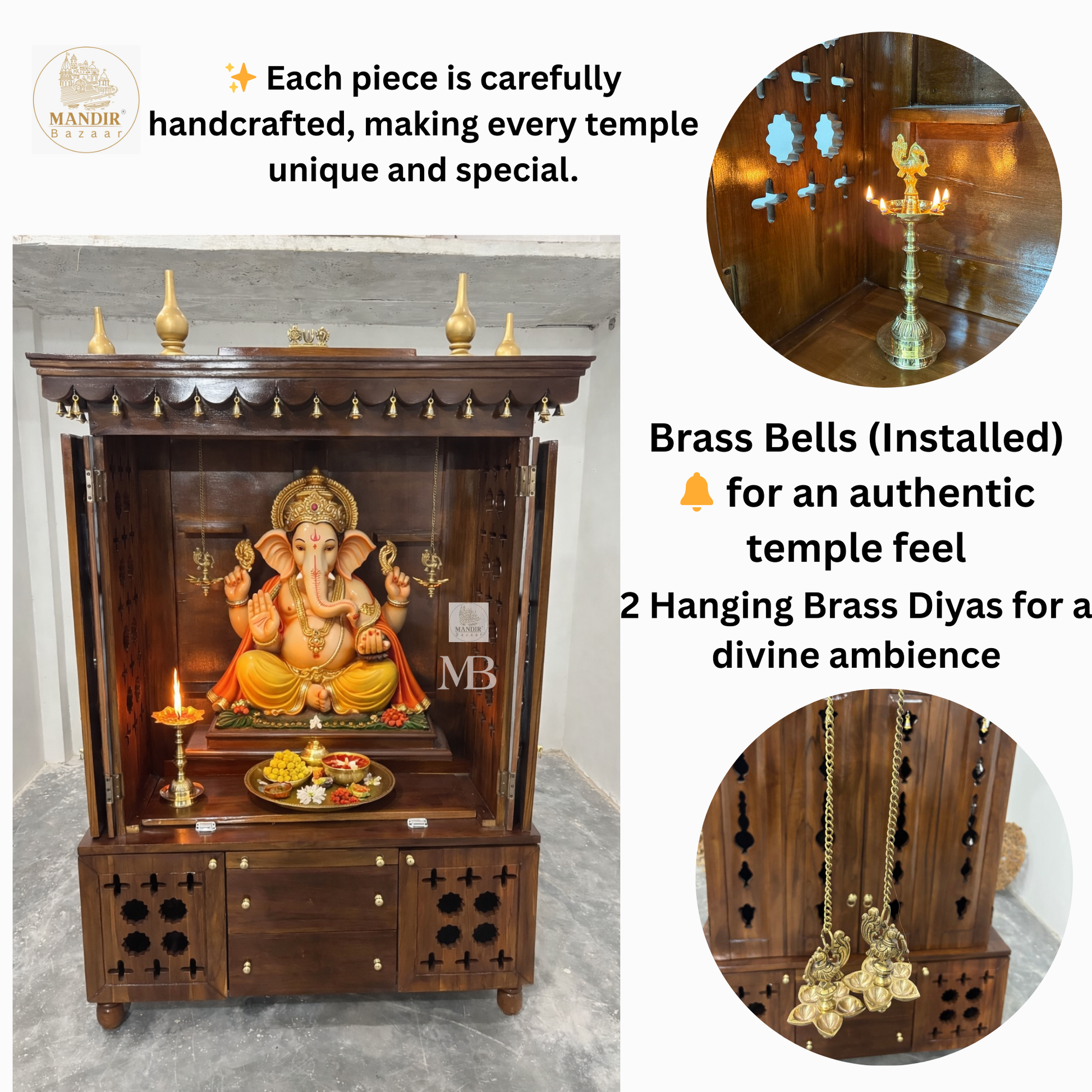 Teak wood home temple with traditional carved canopy and decorative brass hanging bells