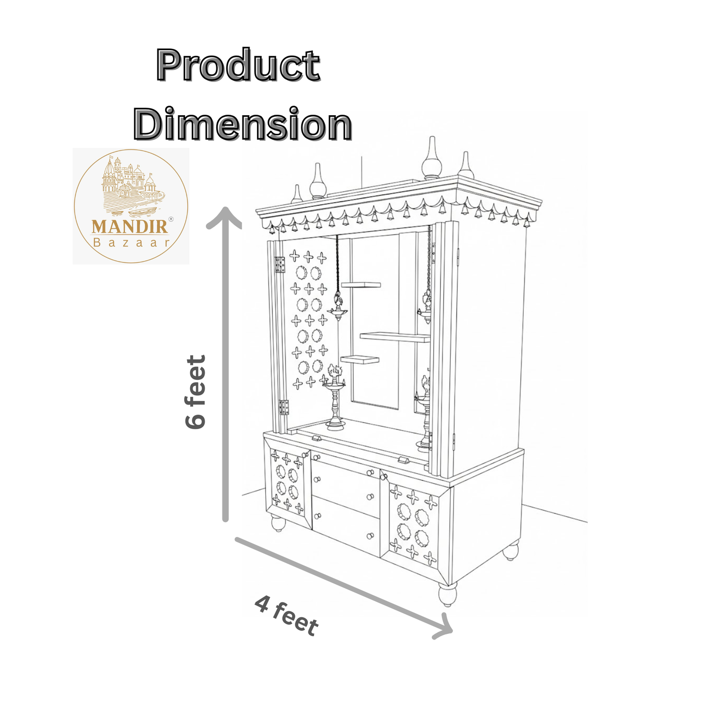 Traditional teak wood pooja mandir cabinet design with shelves, storage drawers and decorative jaali panels