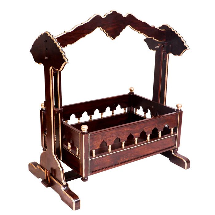 Rustic natural wood baby cradle with handcrafted character