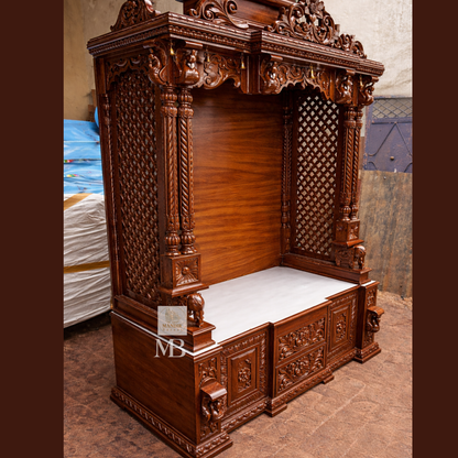 Large wooden pooja temple with storage drawers and cabinets
