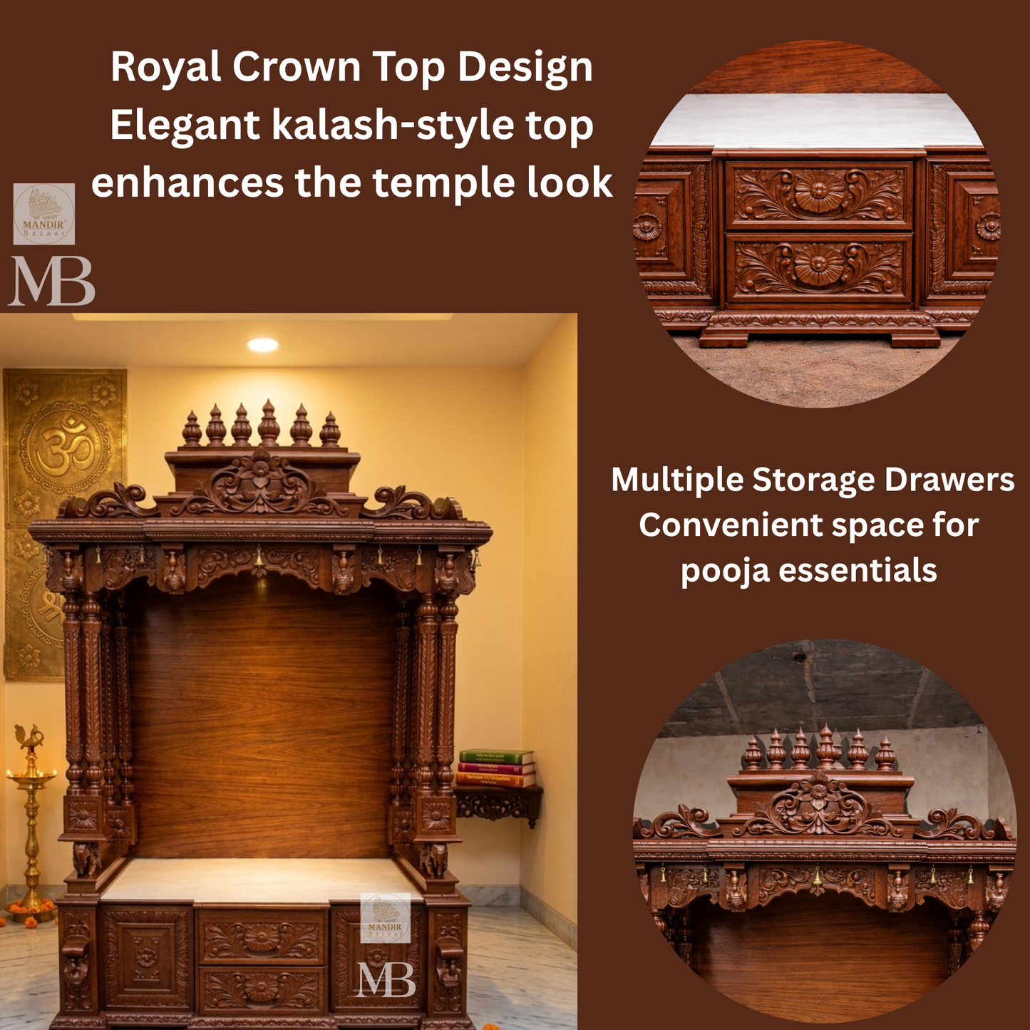 Luxury wooden pooja mandir cabinet with intricate carvings