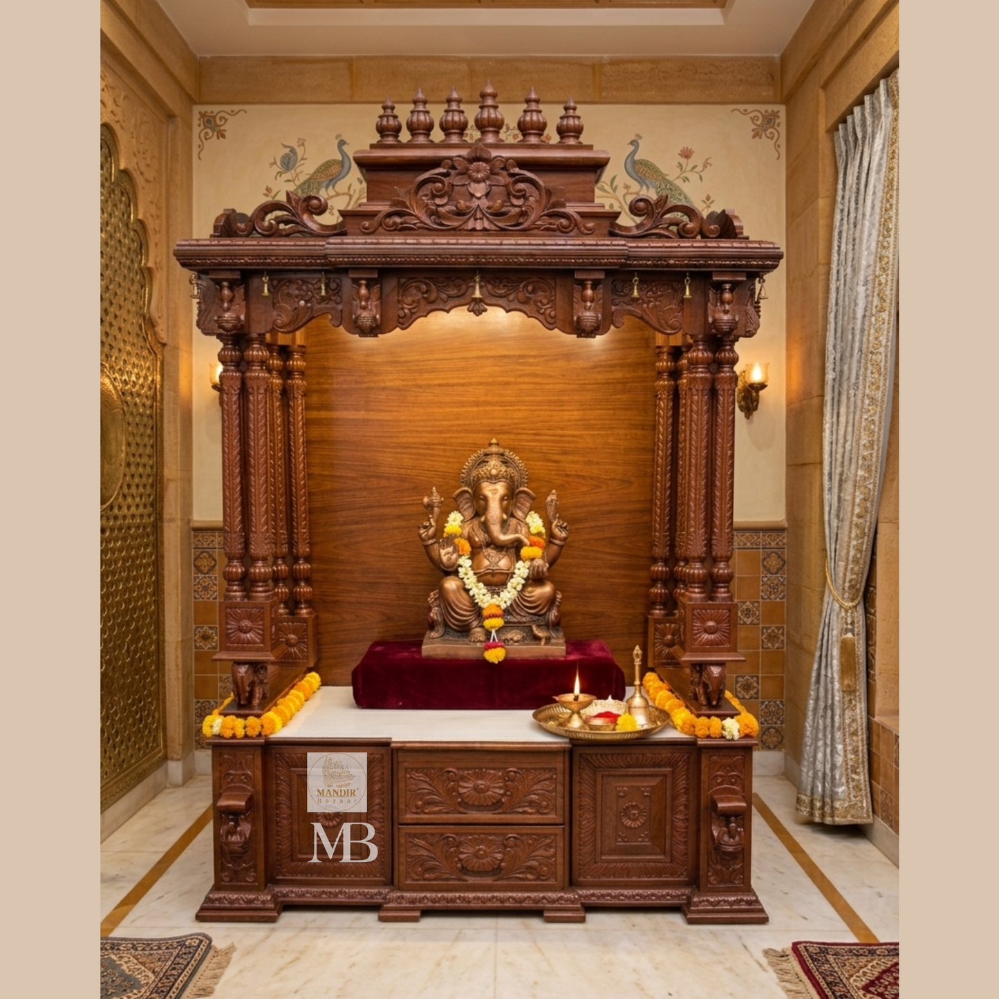 Detailed carved wooden pooja mandir prayer area
