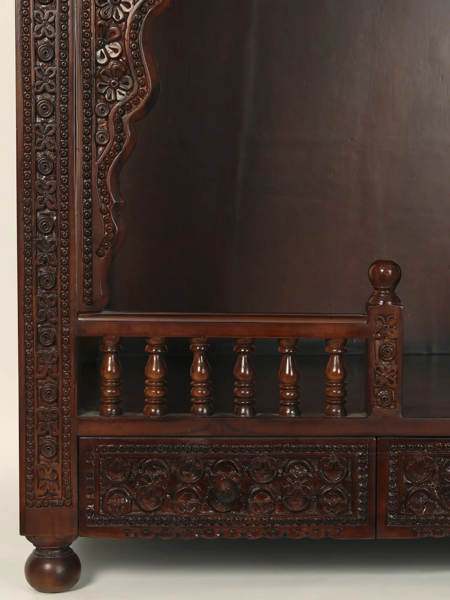 Traditional carved wooden mandir with spacious prayer altar