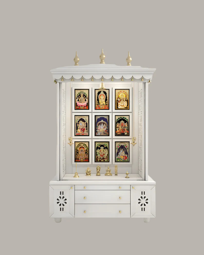 Large traditional wooden pooja mandir with storage and prayer platform