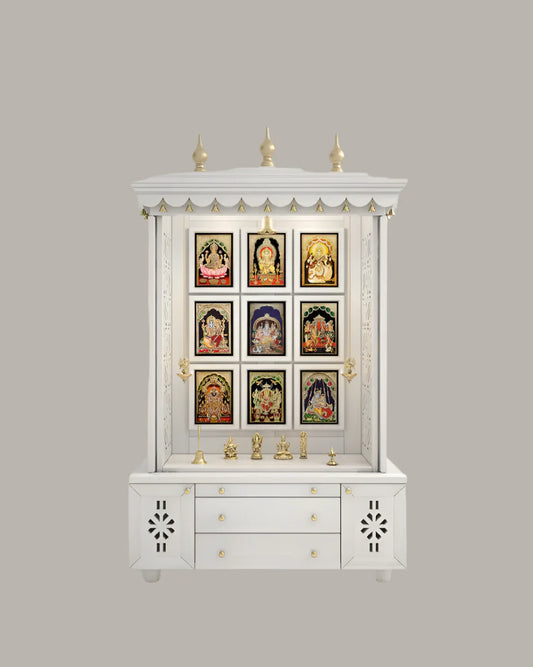 Large traditional wooden pooja mandir with storage and prayer platform