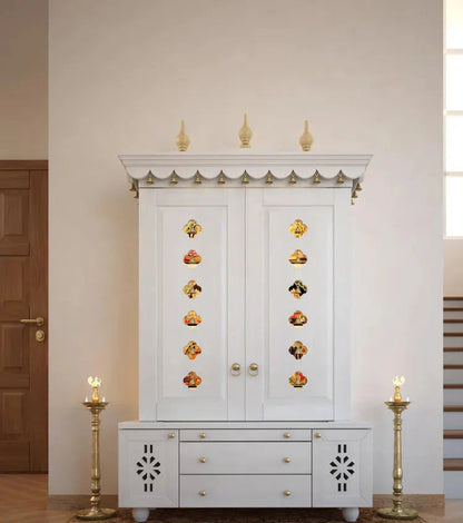 Large traditional wooden pooja mandir with storage and prayer platform