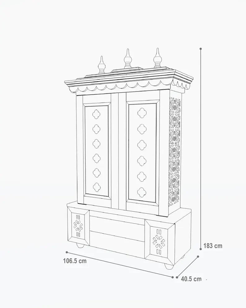 Large traditional wooden pooja mandir with storage and prayer platform