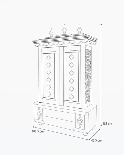 Large traditional wooden pooja mandir with storage and prayer platform