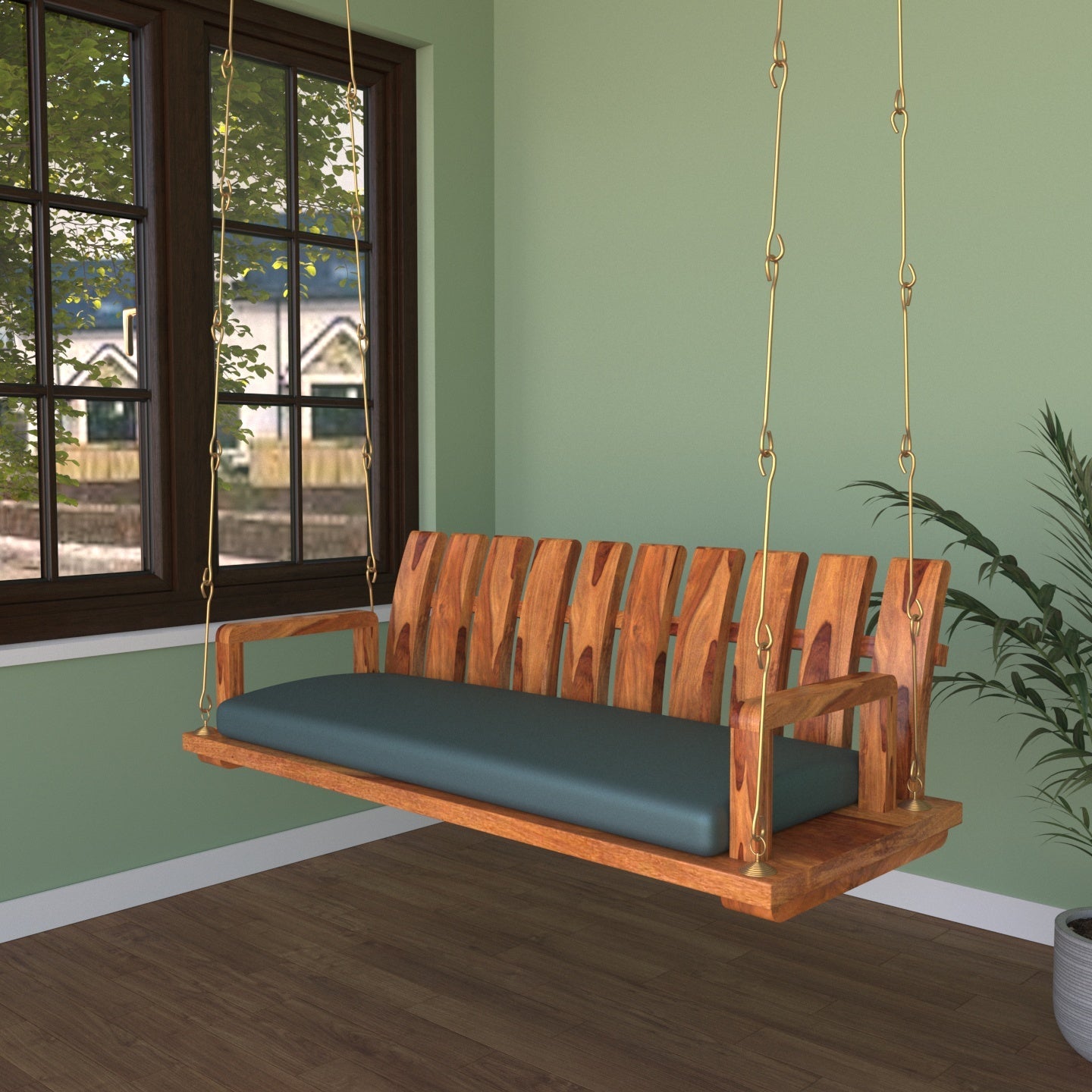 Traditional striped handmade wooden swing with cushion