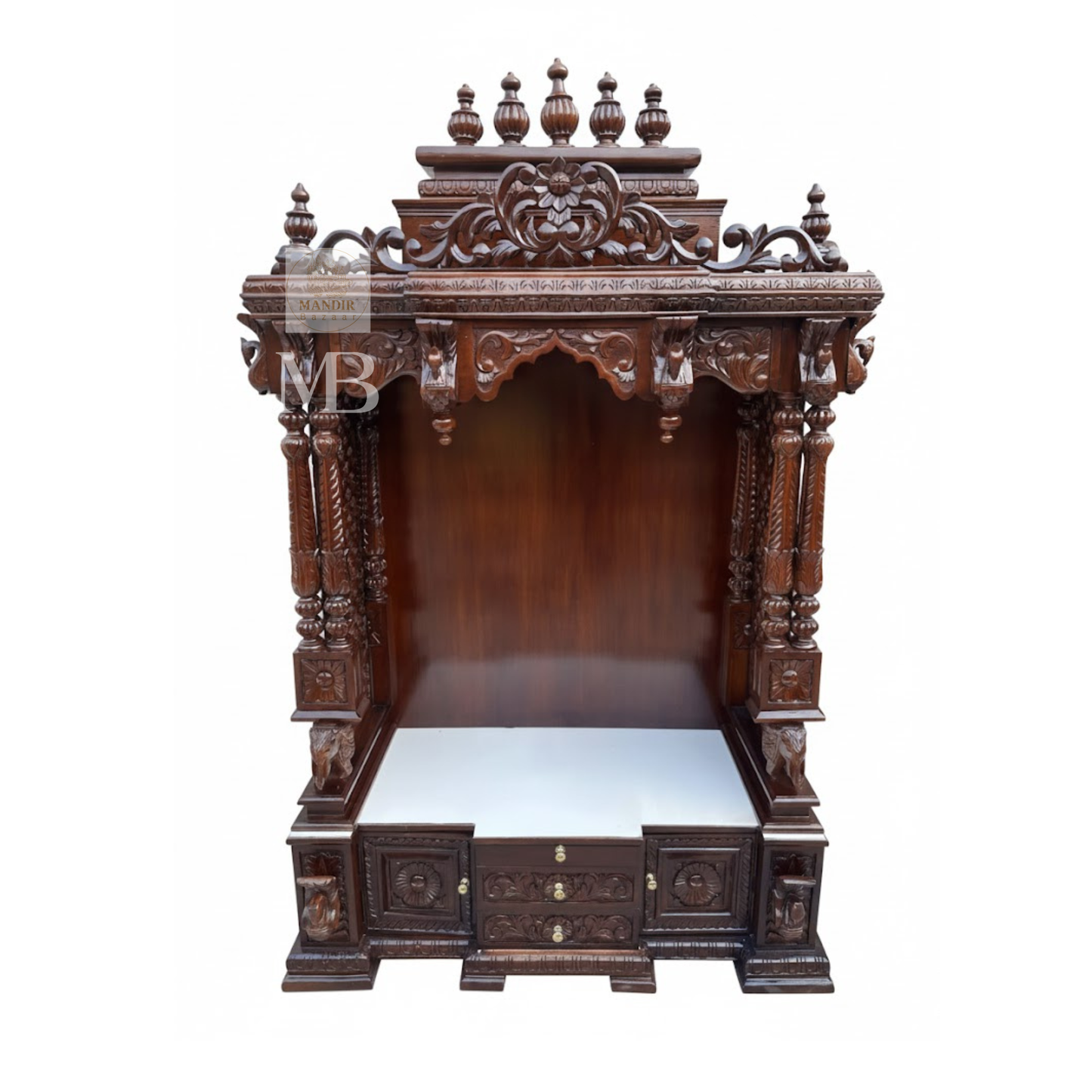 5 feet wooden Hindu temple with 3 feet length and 20 inch depth dimensions