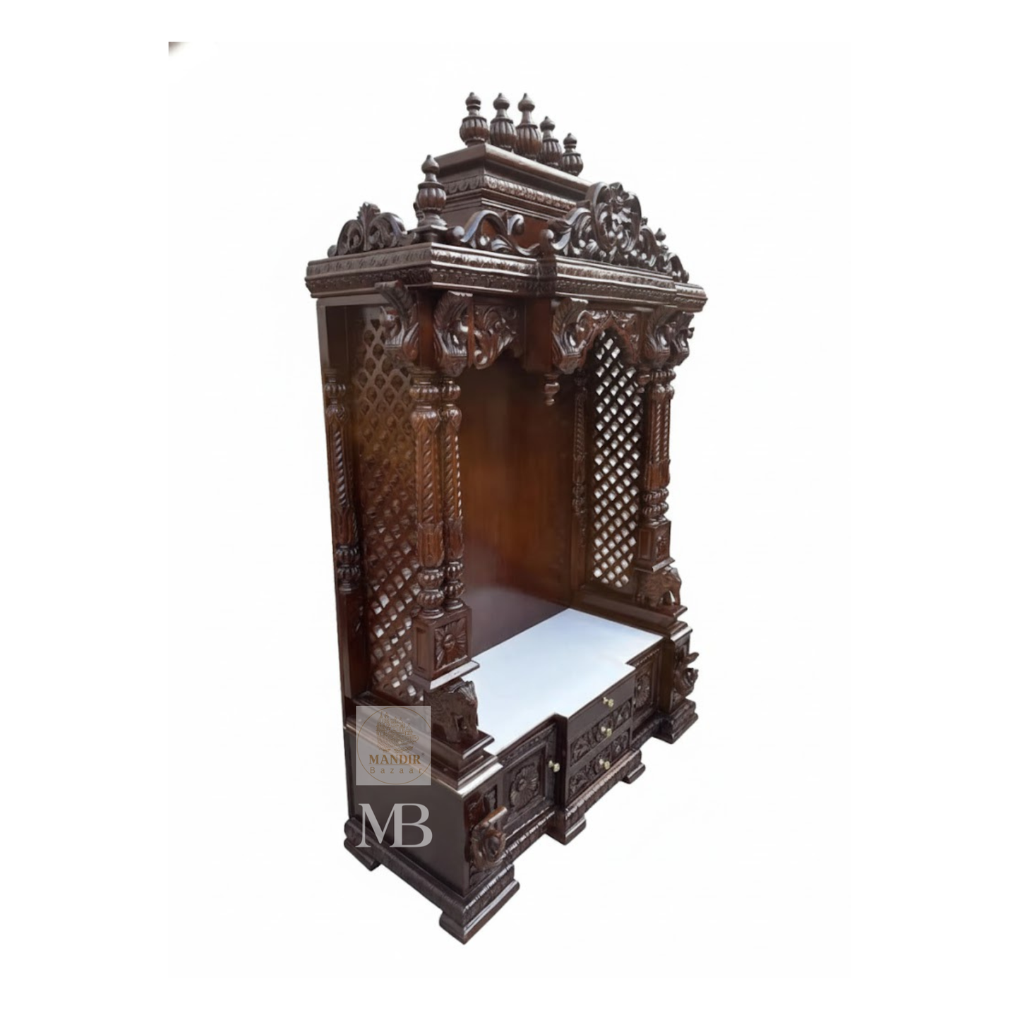 Wooden mandir for home with lower storage cabinet and drawers
