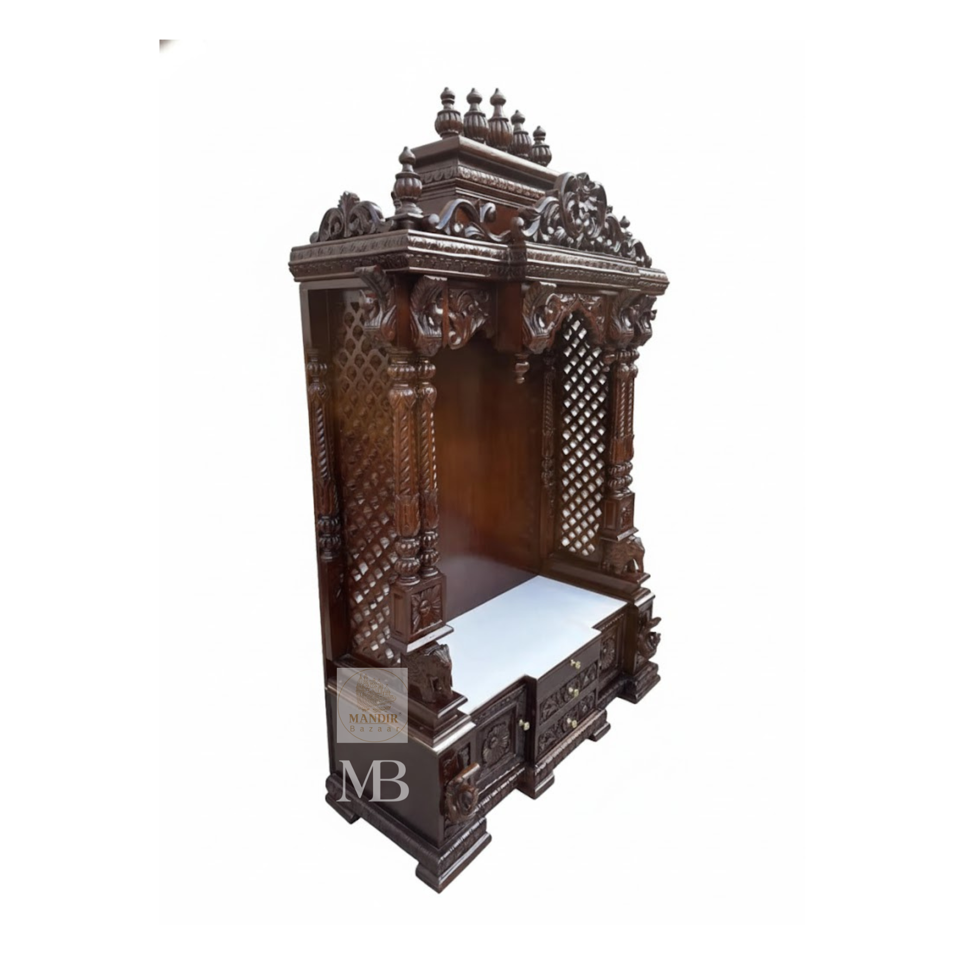 Wooden mandir for home with lower storage cabinet and drawers