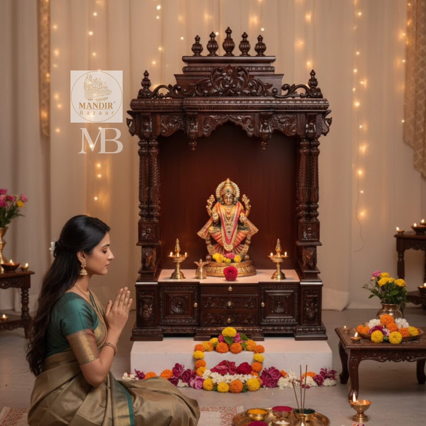 Indian style wooden home mandir with decorative floral carvings