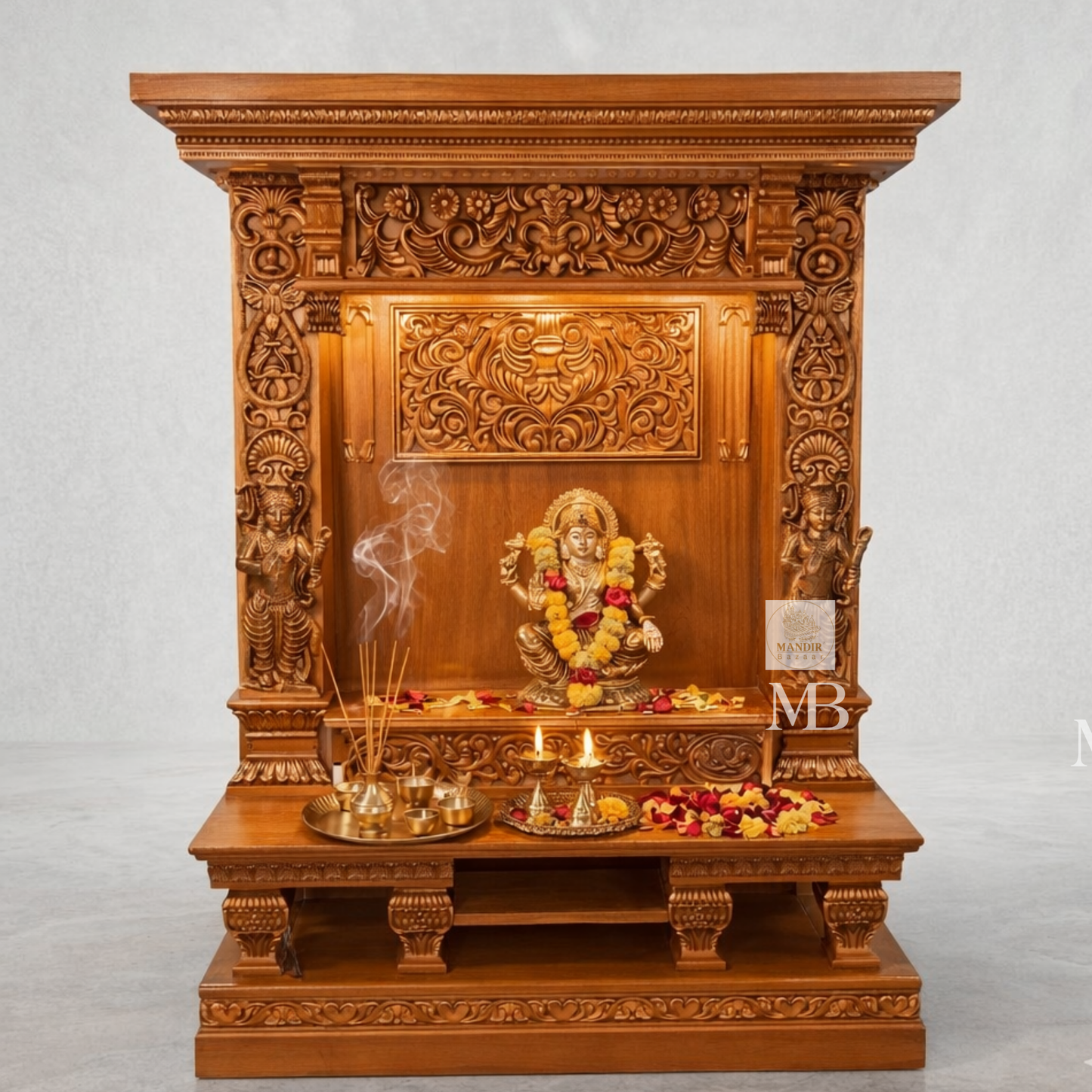 Traditional wooden pooja mandir for home with ornate pillars and decorative floral detailing