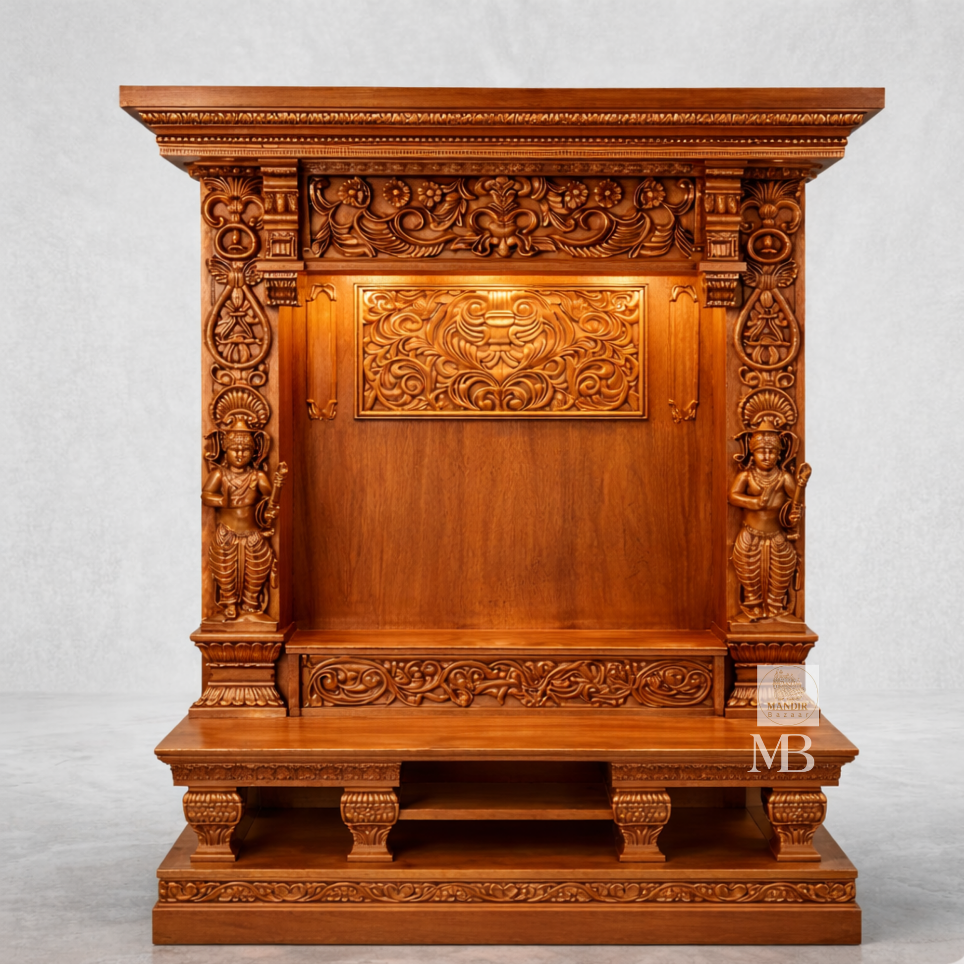 Wooden home temple with Lakshmi idol and traditional pooja setup