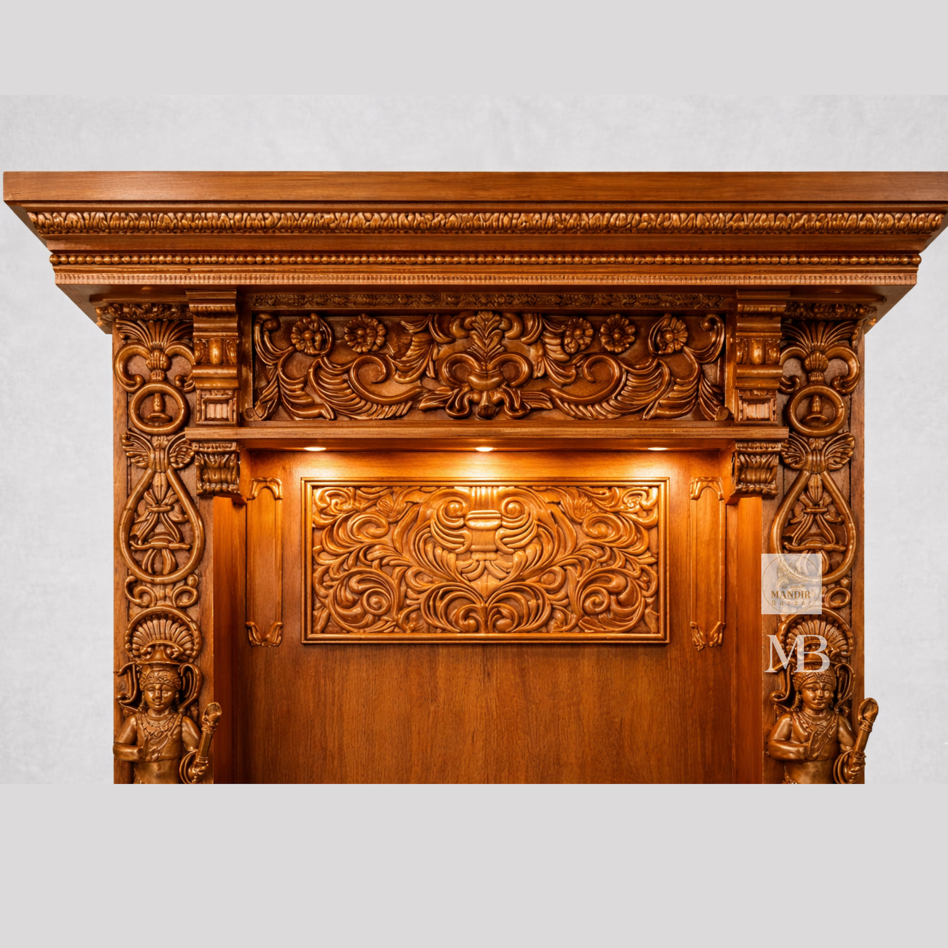 Wooden home temple with Lakshmi idol and traditional pooja setup
