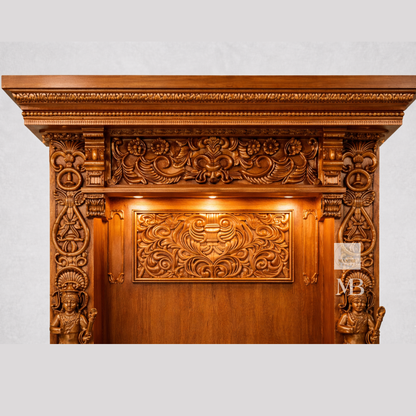 Wooden home temple with Lakshmi idol and traditional pooja setup