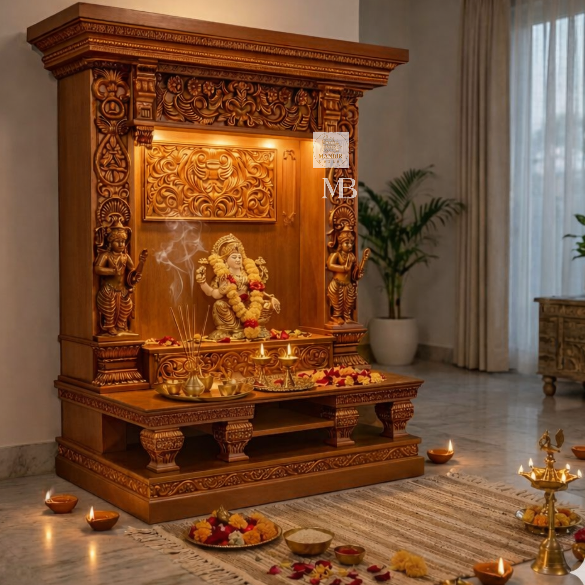 Spacious wooden pooja mandir prayer platform for placing Hindu idols and pooja accessories