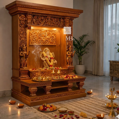 Spacious wooden pooja mandir prayer platform for placing Hindu idols and pooja accessories