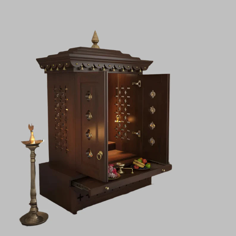 Handcrafted solid wood home temple with walnut finish and brass lamps