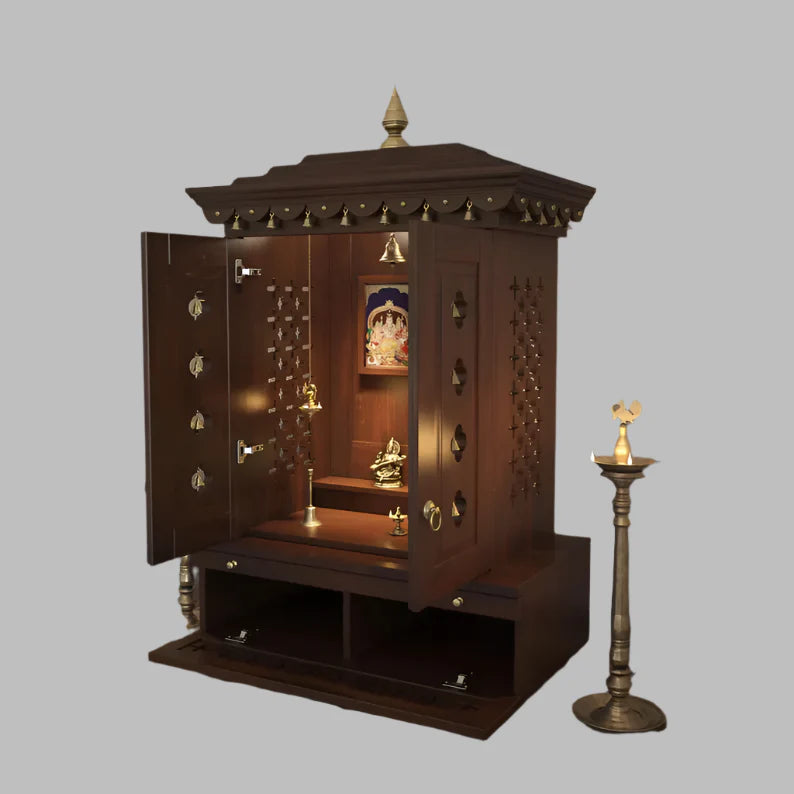 Handcrafted solid wood home temple with walnut finish and brass lamps