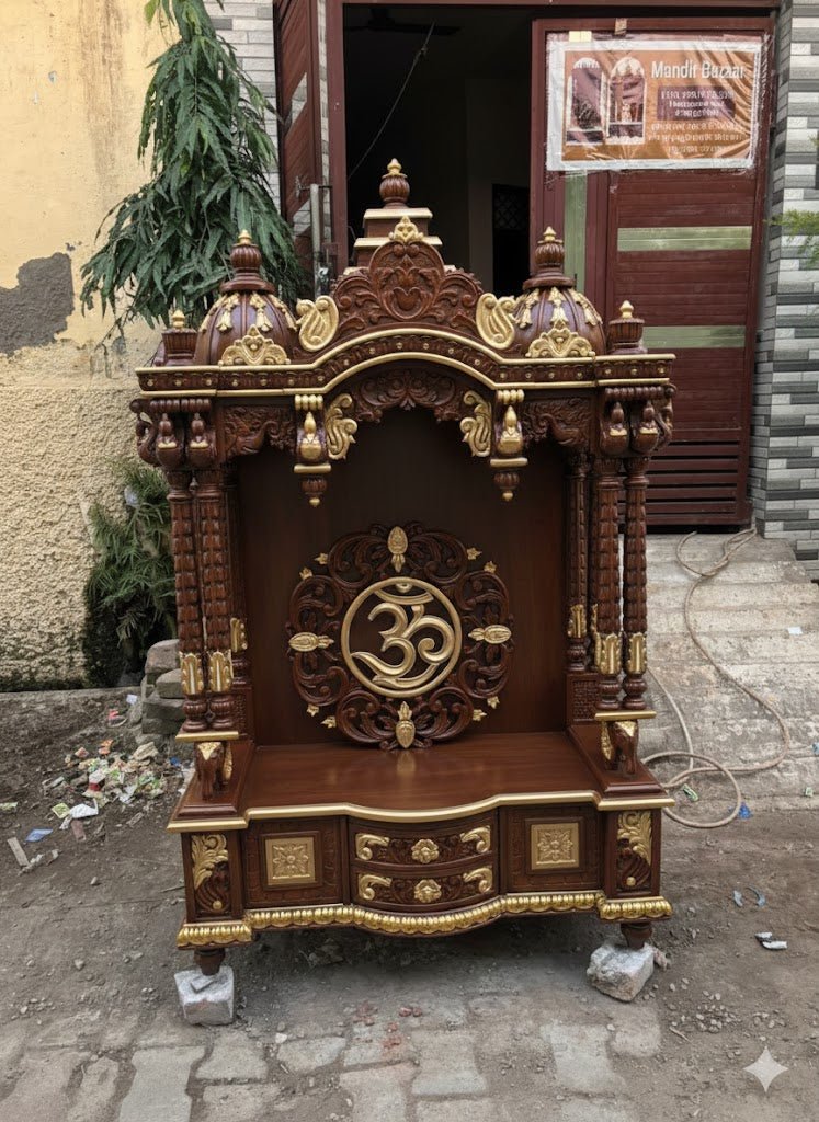 White and gold hand carved wooden mandir for home with Om design and storage cabinet