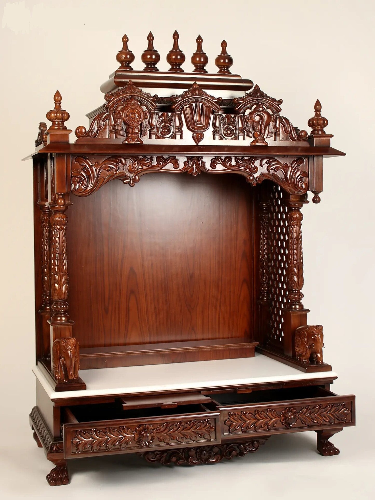 Large floor standing wooden pooja temple with sacred carvings