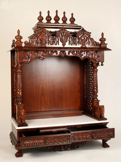 Large floor standing wooden pooja temple with sacred carvings
