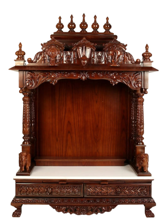 Large Vaishnava wooden pooja mandir with traditional carvings
