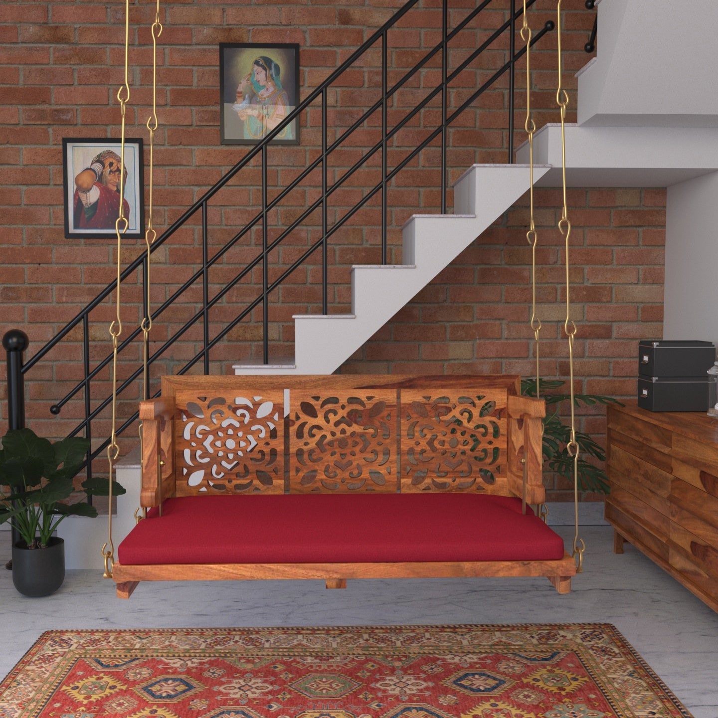 Vintage carved back red upholstered wooden swing