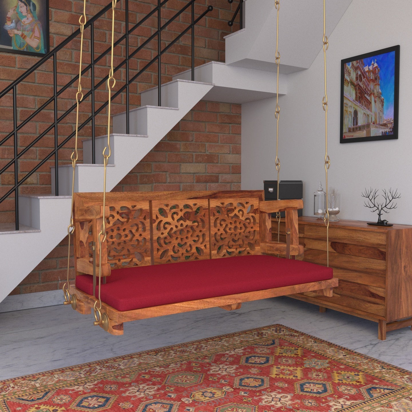 Vintage red carved wooden swing for home