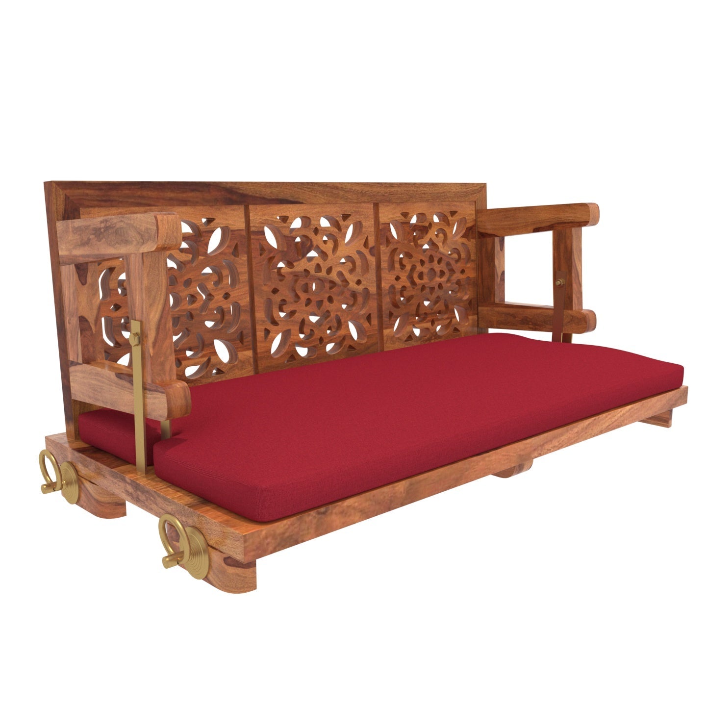 Carved back wooden jhula with red cushion upholstery