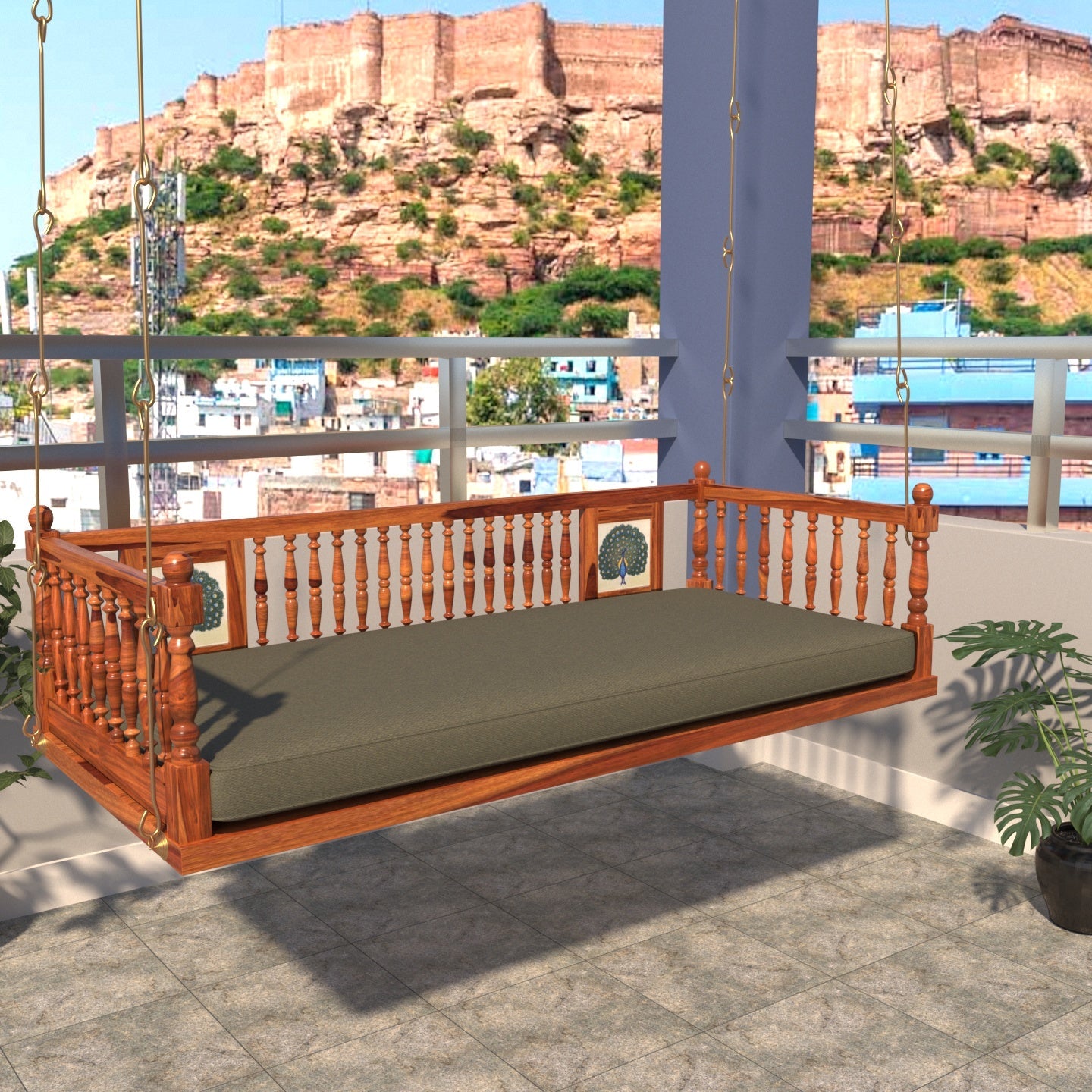Luxury tiled wooden swing with cushioned velvet seat