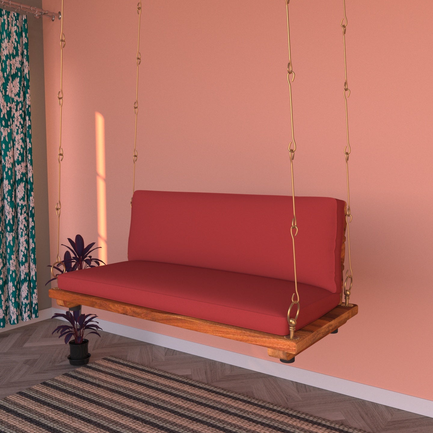 Wooden swing with soft velvet cushion and comfortable seat