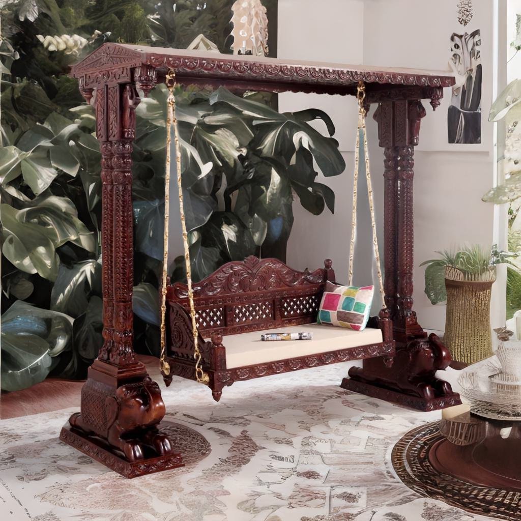Solid wood 2 seater swing chair with walnut finish for home