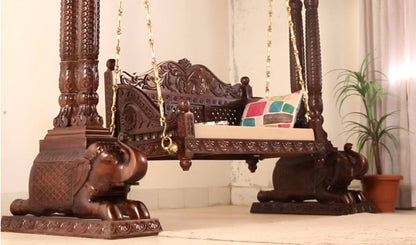 Indoor solid wood swing chair with supportive backrest and armrests