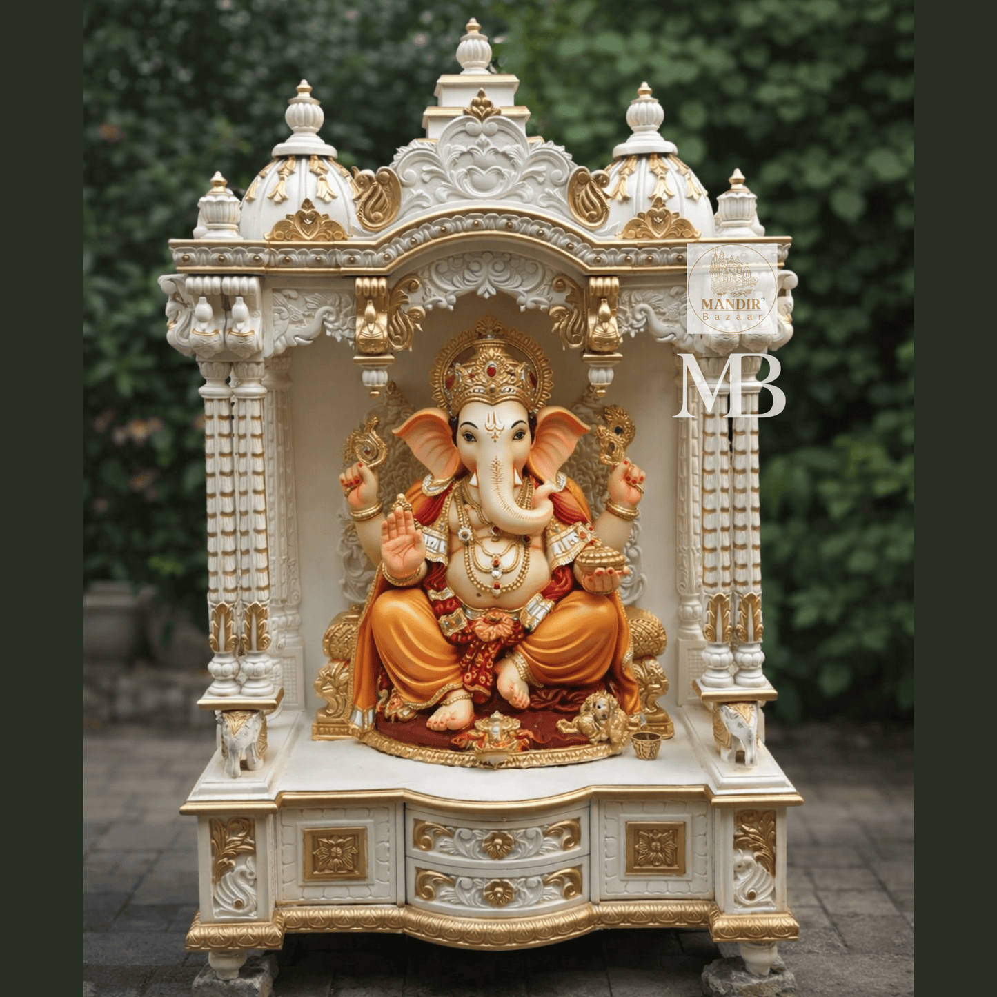 White and gold hand carved wooden mandir for home with Om design and storage cabinet