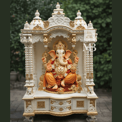 White and gold hand carved wooden mandir for home with Om design and storage cabinet